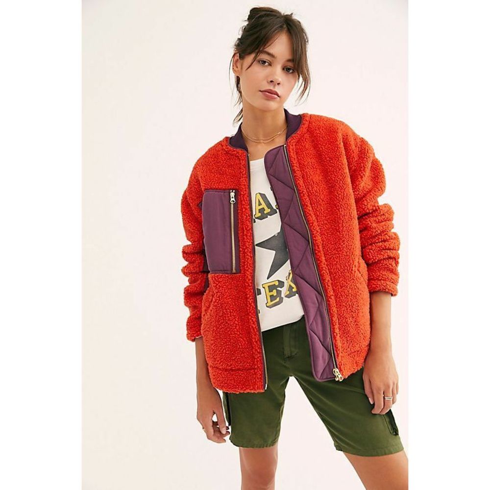 Free People Orange Sherpa Bomber Jacket with Purple Trim